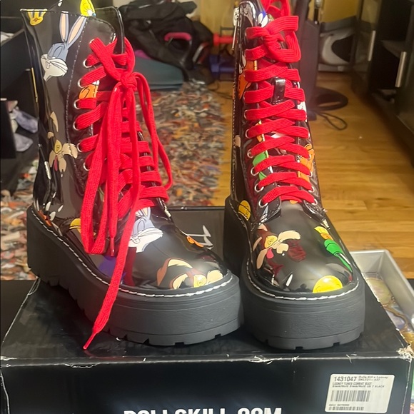 Dolls Kill Black Cartoon Print Boots with Red Laces - Picture 1 of 3